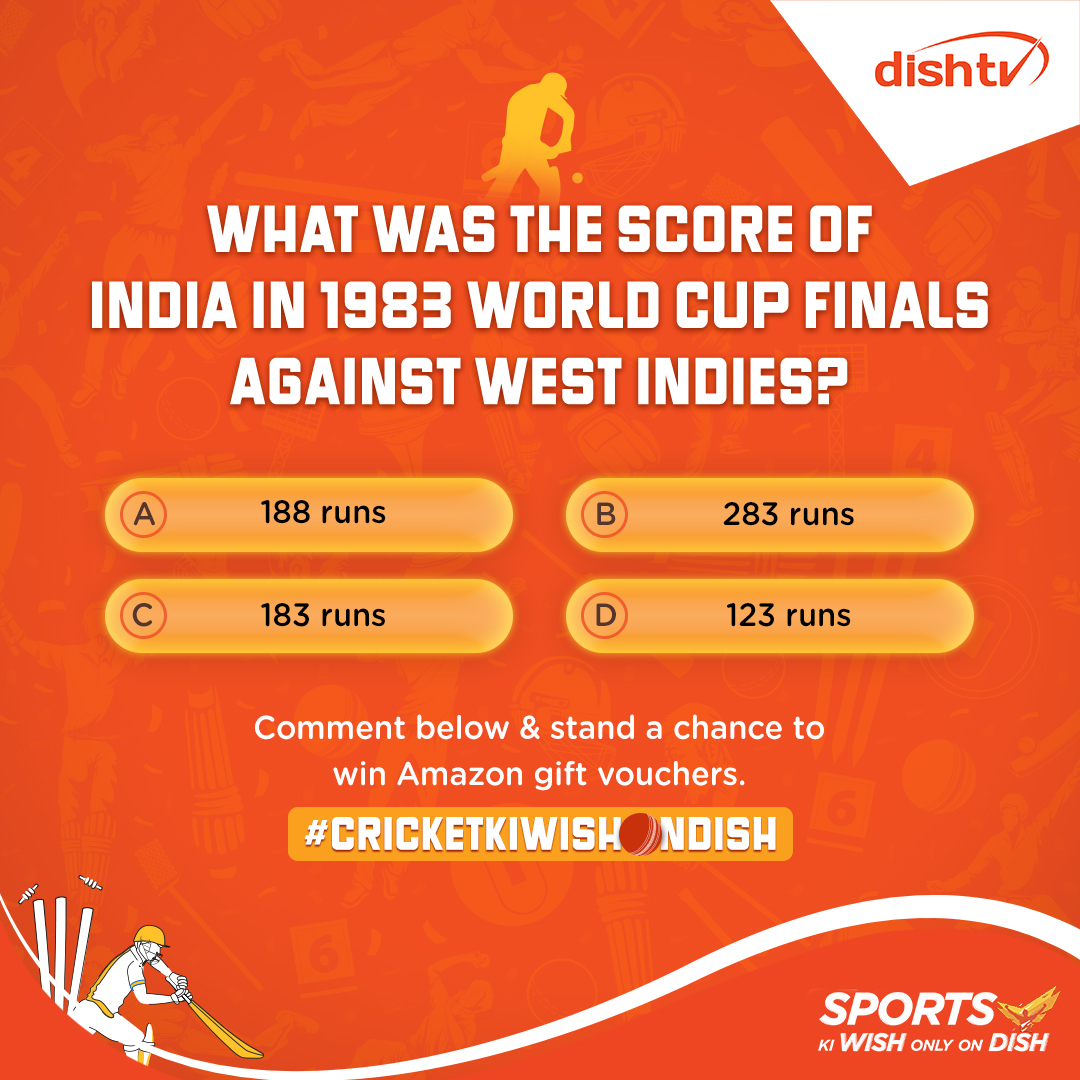 DishTV_India's tweet photo. Calling all #cricket enthusiasts! 🏏🏏 Comment your answer &amp; grab a shot at scoring Amazon gift #vouchers!

Don’t forget to follow these rules: 👇🏻
- Follow @DishTV_India .
- Use #CricketKiWishOnDish with your answers &amp; tag 3 friends to participate.

#DishTV #ContestAlert #contest https://t.co/QxNyOnHvtH