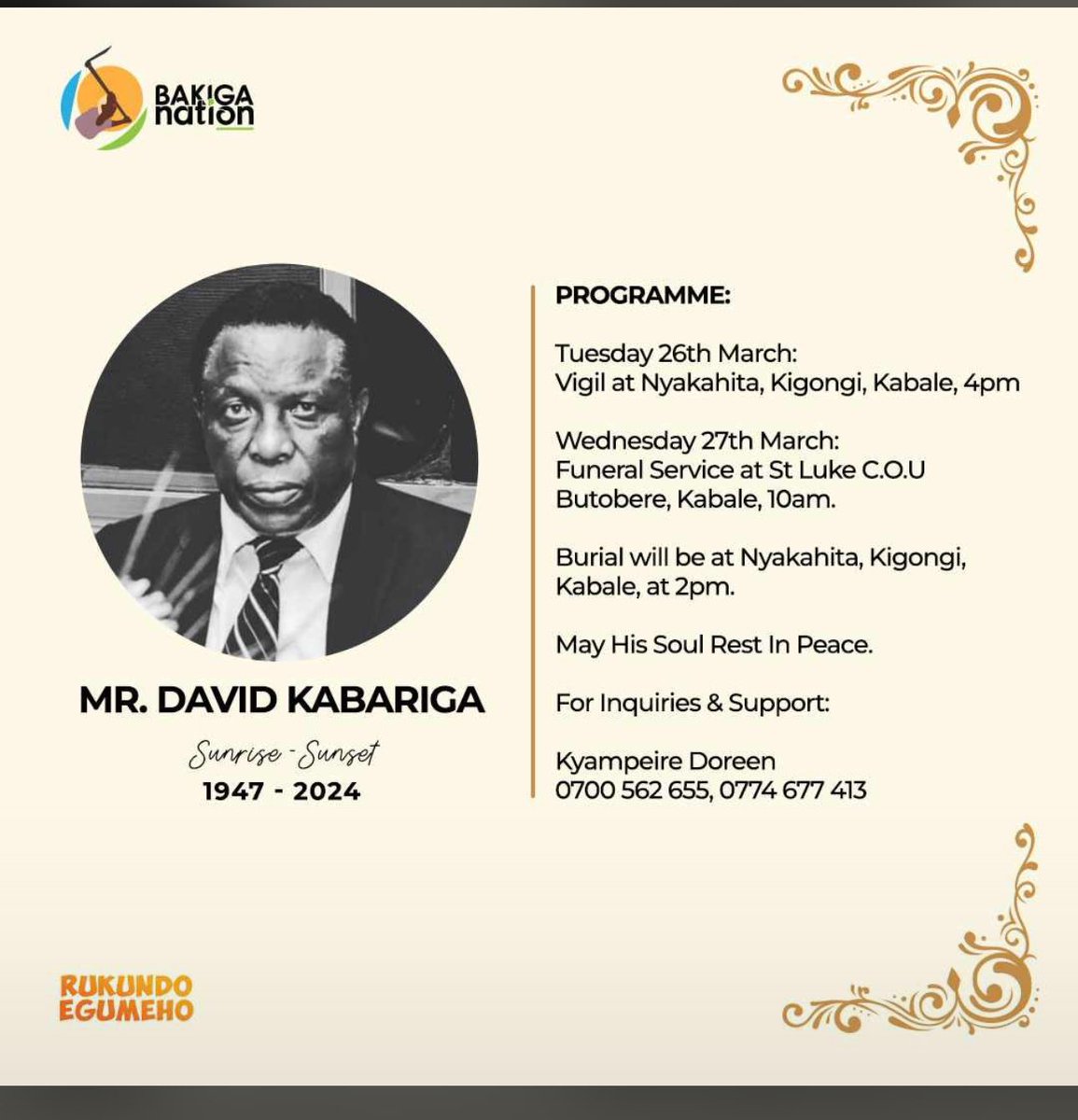 🕯️ We’re deeply saddened to announce the passing of our Papa, Mr. David Kabariga. Vigil will be held at Nyakahita Kigongi, Kabale today at 4pm. Funeral service tomorrow at St. Luke C.O.U Butobere Kabale at 10am, followed by burial at Nyakahita Kigongi, Kabale. @KiconcoBrenda5