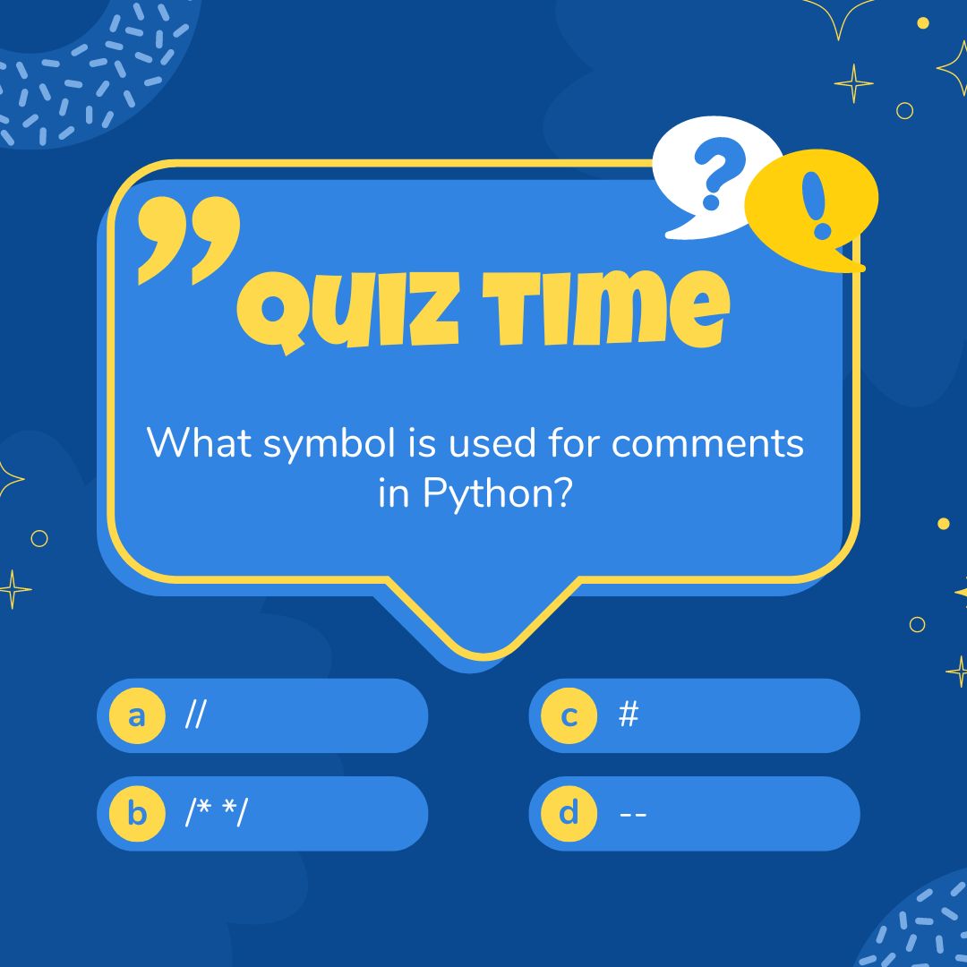 archijain931's tweet image. 🐍💬 Can you guess which symbol is used for comments in Python? Check out the comment section for the answer! #Python #CodingTrivia