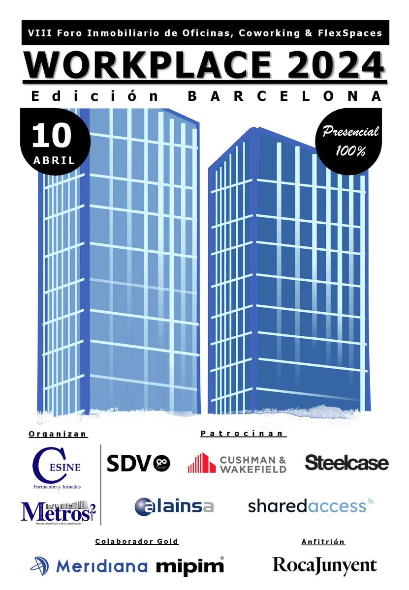 Javier Olivares (@javibeeolivares) on Twitter photo Muy contento de poder anunciar el regreso de <a href="/CesineEditorial/">CESINE Formación & Jornadas</a> y la <a href="/RevistaMetros2/">Revista Metros 2</a> a BARCELONA de la mano de <a href="/CushWakeSPAIN/">Cushman & Wakefield</a> <a href="/SdvandP/">SDV&PARTNERS</a> <a href="/SteelcaseEspana/">Steelcase España</a> <a href="/IdomGroup/">IDOM</a> #alainsa <a href="/SharedAccessLLC/">SharedAccess</a> <a href="/meridiana_es/">Meridiana</a> y <a href="/Roca_Junyent/">RocaJunyent</a> para analizar el futuro de las oficinas en #WORKPLACE_BCN_2024 Muy contento de poder anunciar el regreso de <a href="/CesineEditorial/">CESINE Formación & Jornadas</a> y la <a href="/RevistaMetros2/">Revista Metros 2</a> a BARCELONA de la mano de <a href="/CushWakeSPAIN/">Cushman & Wakefield</a> <a href="/SdvandP/">SDV&PARTNERS</a> <a href="/SteelcaseEspana/">Steelcase España</a> <a href="/IdomGroup/">IDOM</a> #alainsa <a href="/SharedAccessLLC/">SharedAccess</a> <a href="/meridiana_es/">Meridiana</a> y <a href="/Roca_Junyent/">RocaJunyent</a> para analizar el futuro de las oficinas en #WORKPLACE_BCN_2024