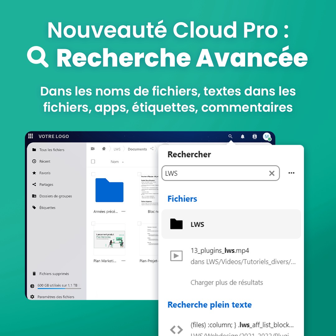 👍 Nouvelle mise à jour Cloud Pro LWS Nextcloud ! Le système de recherche a été amélioré
🔍 Explorez bien au-delà des noms : apps, fichiers, étiquettes, commentaires. Plus efficace, plus rapide.
Nos plans de stockage pro 👉 lws.fr/cloud-professi…

#LWS #Nextcloud #CloudFrancais