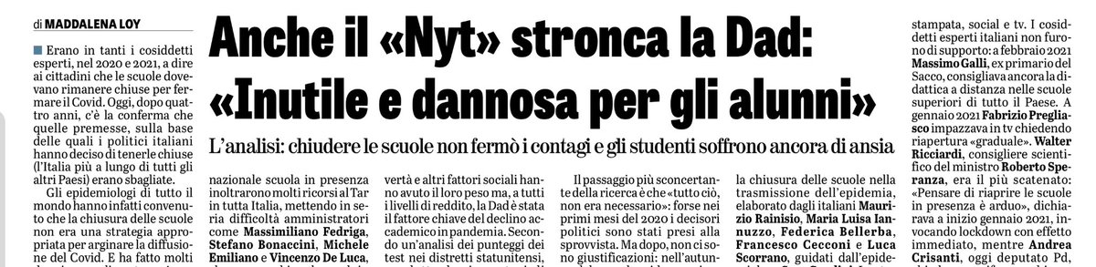 Che tenere le scuole chiuse in pandemia abbia danneggiato i nostri figli si sapeva, oggi lo conferma un’analisi del NYTimes aggiungendo un tassello sconcertante: non era necessario. “La chiusura non era una strategia appropriata per arginare il Covid”. Ditelo a Speranza, Galli,