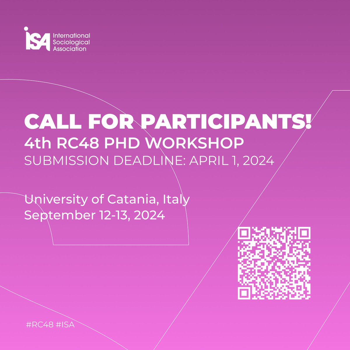 #CallforPapers 
DEADLINE IS APPROACHING SOON!

Doctoral students working in the field of social movements are invited to the 4th RC48 PhD Workshop at the University of Catania

When: September 12-13, 2024
Deadline for abstracts: April 1, 2024
More details: buff.ly/3HdId3j