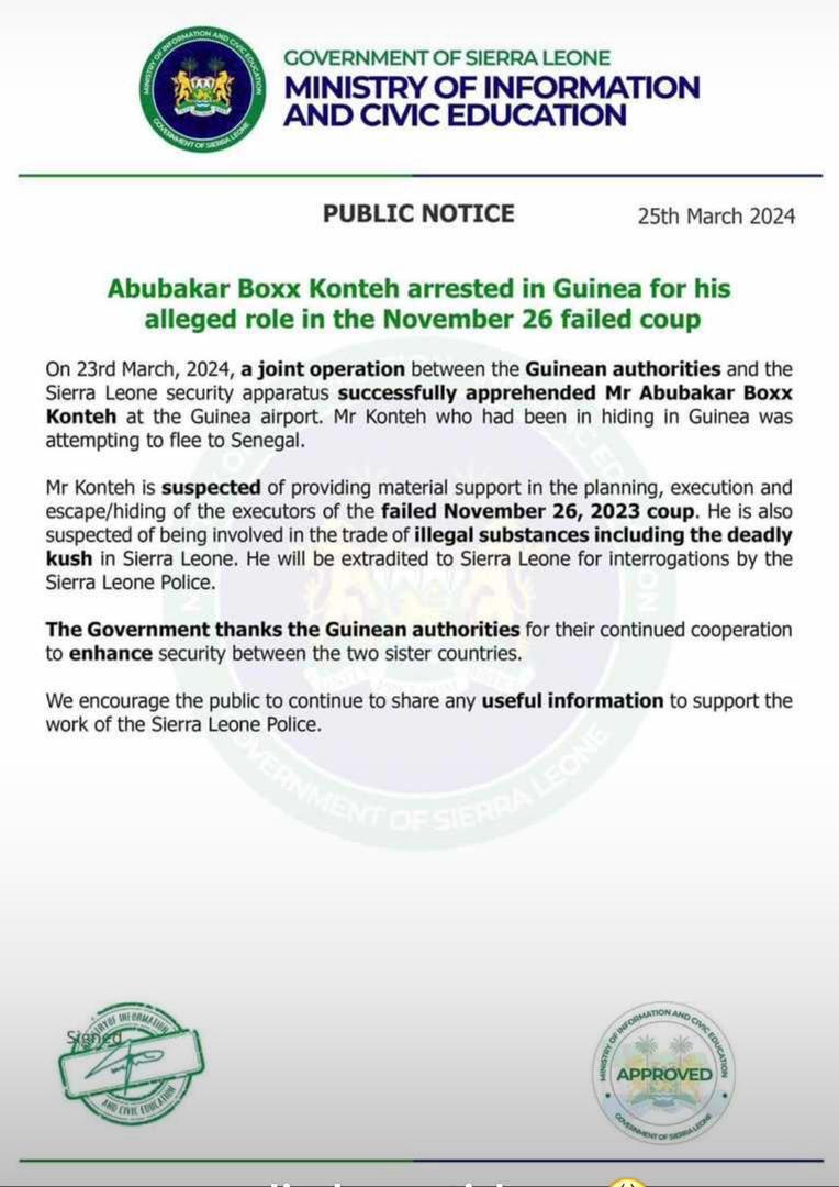 The Notice below just exposes the dishonesty of this Paopa SLPP regime. The accusations are so conflicting. One can smell lies right there! Stop intimidating the opposition. Let peace and justice reign for all in Sierra Leone. Focus on working to ease the suffering of the people.