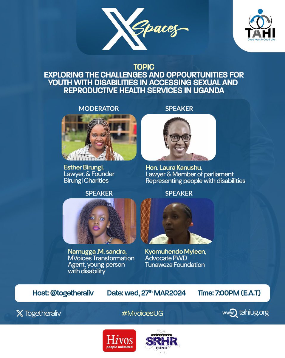 Join us this Wednesday, March 27th, for an insightful discussion on the challenges and opportunities of disability inclusion in Sexual and Reproductive Health (SRH) services for youth with disabilities. Tune in at exactly 7:00 PM EAT. Don't miss out! #MVoicesUG