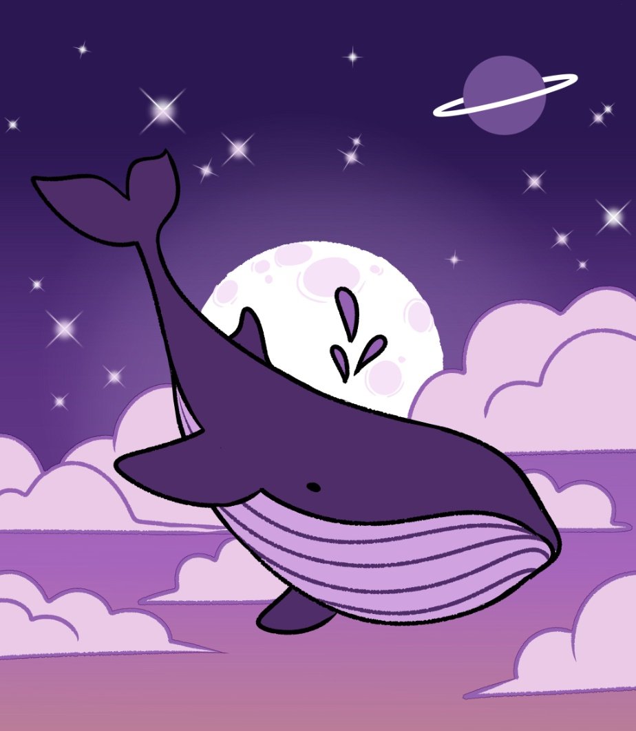 Simple little bora whale drawing for a project I'm doing with a friend 💜 (I tried so hard to draw a more realistic whale instead of a little chibi one and this was the best I could do LOL)