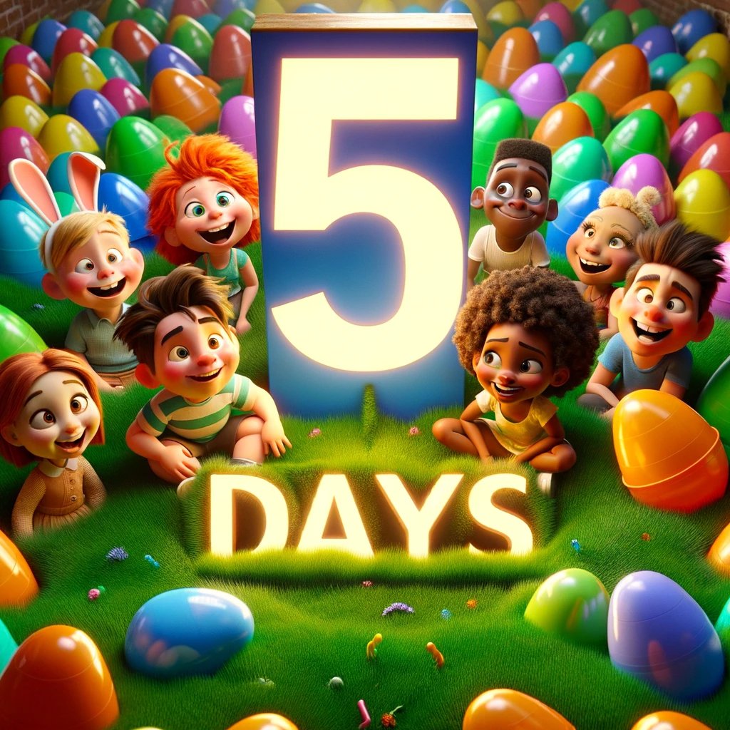 EasterTweeter's tweet image. 5 days left, what a blast,
Children sit on Easter grass.
Eggs are nestled here and there,
Some underfoot, some in hair! 
Soon the bunny comes to play, 
In just 5 hops, it's Easter Day!

#easterbunny #easterbunnytracker #easter2024 #eastercountdown #Easter

easter-bunny.net