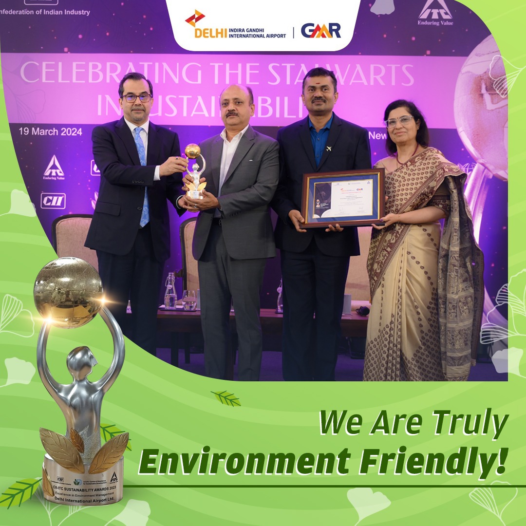 Celebrating a green milestone! #DelhiAirport has been honored with the 'Excellence in Environment Management' award at CII's Sustainability Awards 2023. It's a reinforcement to our #FutureReady commitment towards eco-friendly operations and a cleaner environment. #DELairport