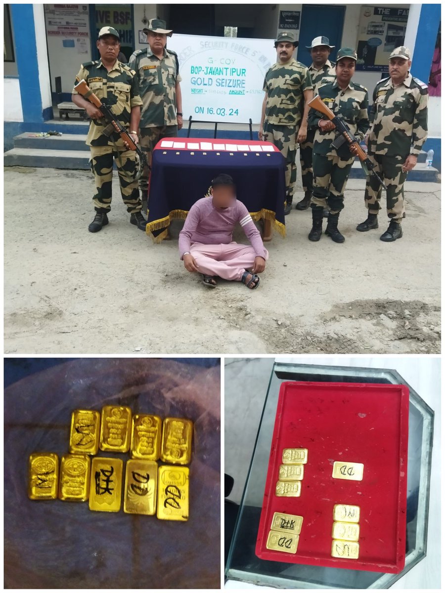 neelampandey95's tweet photo. BSF troops breaks the #GoldSmugglingRacket at #IndoBangladeshBorder  

BSF troops apprehended 02 smugglers with 17 Gold Biscuits worth Rs 1.4 Crore, being smuggled from Bangladesh to India.   

#BSFseizedGold #TrainAccident #MoscowAttack https://t.co/Gme9Tg1ASv