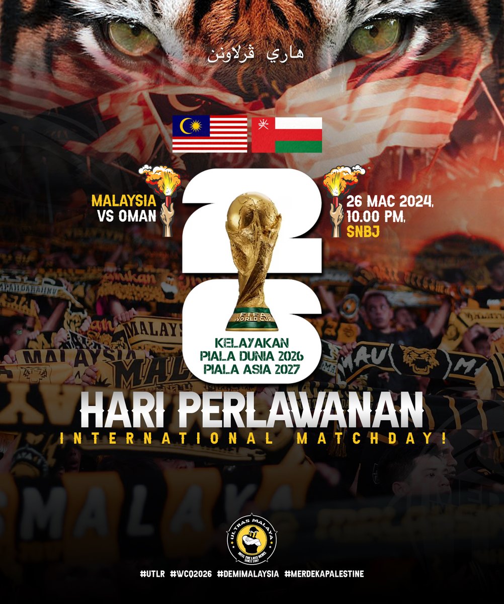 Berjuang dgn darah & maruah. Pedulikan ranking & game lepas. Main dengan jiwa. Main utk sejarah ke Piala Dunia! Hari Perlawanan! Matchday! Malaysia vs Oman | 26 Mac 2024 (Selasa) 10.00 Pm Stadium Nasional Bukit Jalil Curva On! bit.ly/tiketWCQ #WCQ2026 #DemiMalaysia