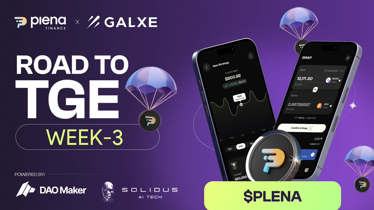 🛣️ The Road to TGE - Week 3 @Galxe Quests begins now. Featuring our 2nd Batch of Launchpads: @daomaker & @AITECHPad Explore the Plena App, Complete transactions or Refer friends to the campaign to earn some points Only 1 Week remaining - Join Now: galxe.com/PlenaFinance/c…
