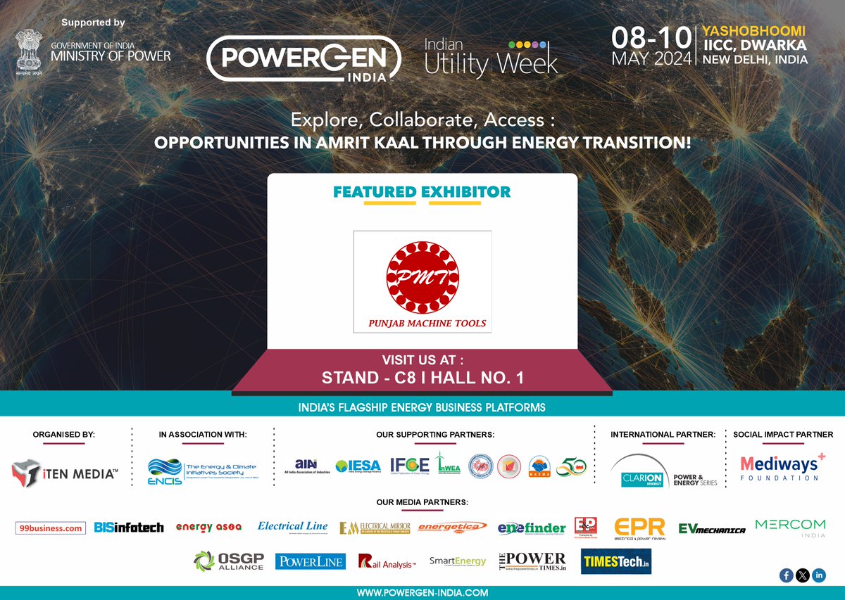 Delighted to announce 'Punjab Machine Tools' as our 'Featured Exhibitor' at @PowerGenIndia & @IndianUtilityWk from 8th to 10th May 2024 at Yashobhoomi, IICC Dwarka, New Delhi ! Connect-9990401916 | hansika@itenmedia.in #powergeneration #utilities #powerdistribution #PGIndia #iuw