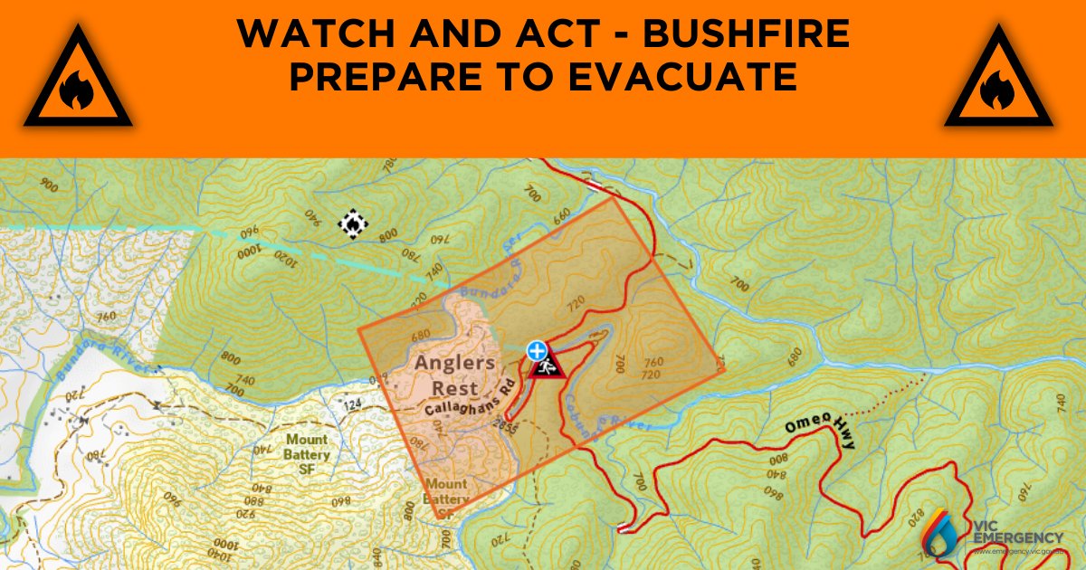 vicemergency's tweet image. WATCH &amp;amp; ACT - BUSHFIRE - Prepare to Evacuate
Incident Location: Anglers Rest
Issue Date: Tuesday 26 March 2024, 04:51 pm
Next Update: Tuesday 26 March 2024, 09:00 pm

More details at emergency.vic.gov.au/respond/#!/war…