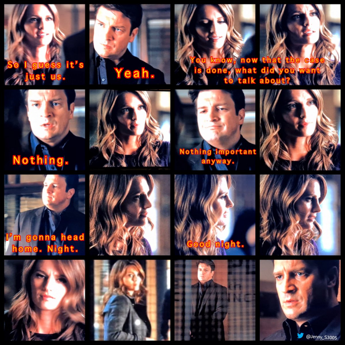 03/26/2012 - #Castle 4x19- 47 Seconds aired ✨12✨ years ago 💥 (III/III) KB: 'You know, now that the case is done... what did you want to talk about?' C: 'Nothing. Nothing important anyway. I'm gonna head home. Good night.' KB: 'Good night.'