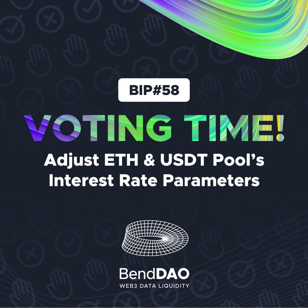 Vote now on BIP#58! Proposing adjustments to the $ETH & $USDT Pool's interest rate parameters for better efficiency. The change involves increasing the optimalUtilizationRate from 65% to 90%. 🗳️ snapshot.org/#/benddao.eth/…