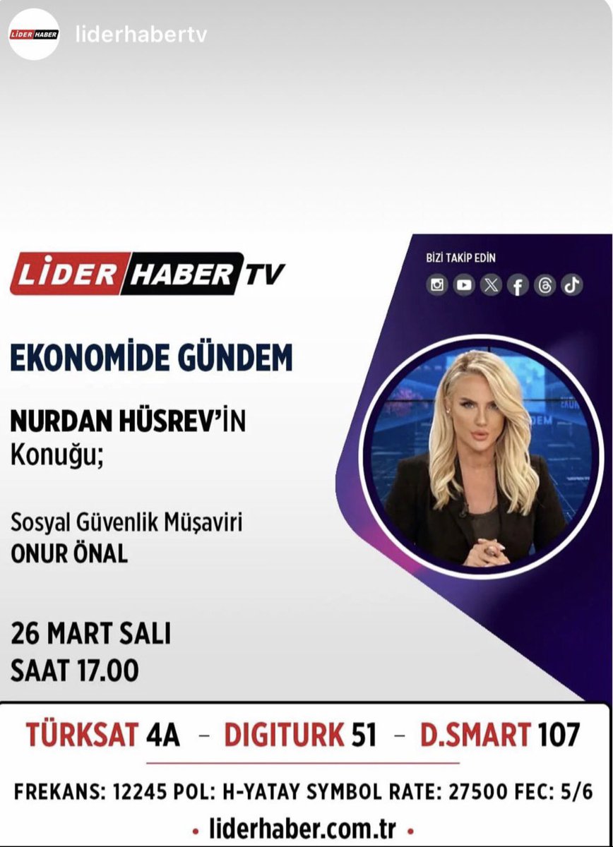 Saat 17:00 ‘de sevgili Nurdan Hüsrev’in @nurdanhusrev hazırlayıp sunmuş olduğu Liderhaber TV ‘de ; “Ekonomide Gündem” programında canlı yayında olacağım …