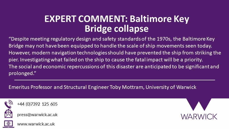 EXPERT COMMENT: Baltimore Key Bridge collapse, by Emeritus Professor Toby Mottram. @uniofwarwick #journorequest #baltimorebridge #BaltimoreBridgeCollapse Full comment: warwick.ac.uk/newsandevents/…