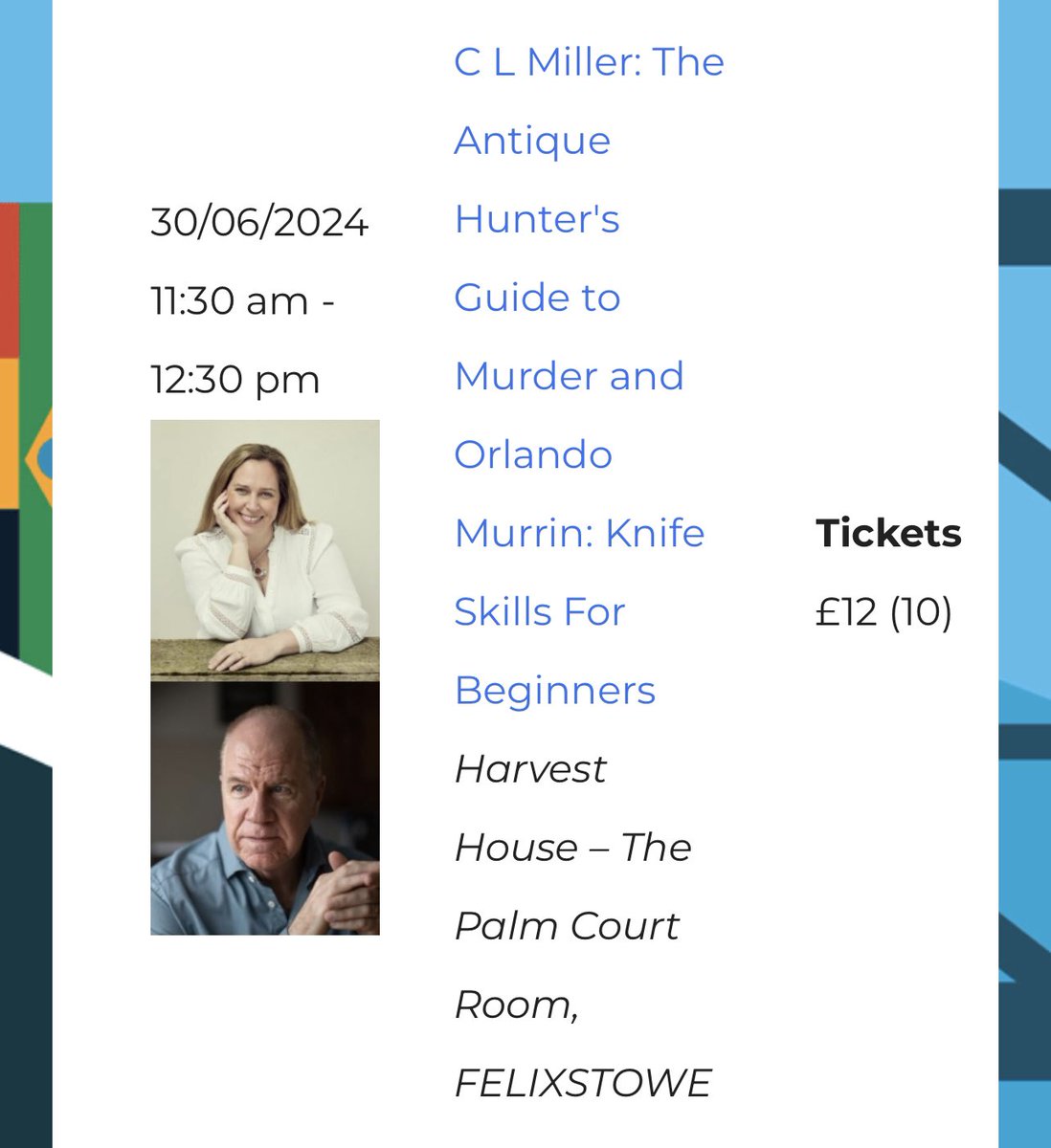 Come and hear me and @orlandomurrin at @felixstowebook on 30th June - chatting about crime fiction / cookery / antiques 🥰