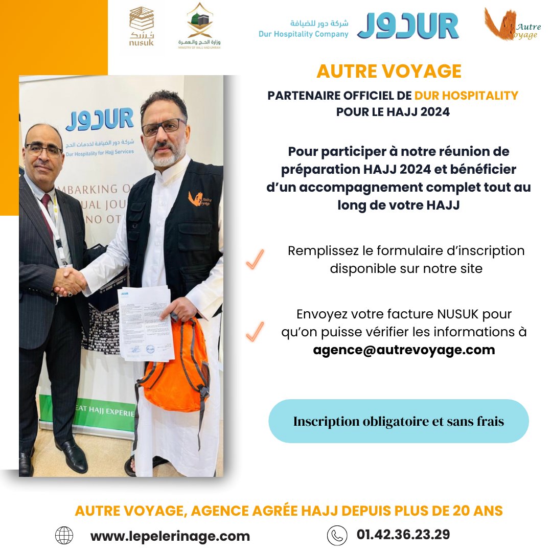 Autre voyage, partenaire officiel de la société Dur Hospitality pour l'accompagnement des pèlerins du Hajj 2024 #hajj #hajj2024 #autrevoyage #durhospitality