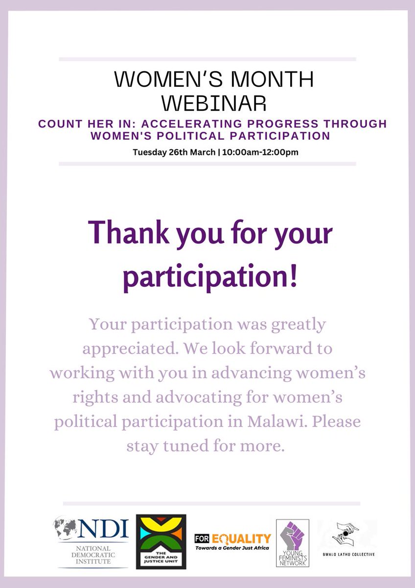 To all of our development partners, stakeholders and to everyone who joined the webinar, thank you so much. We sincerely appreciate your valuable inputs and participation and we look forward to future collaborations and meaningful conversations on Women participation in politics
