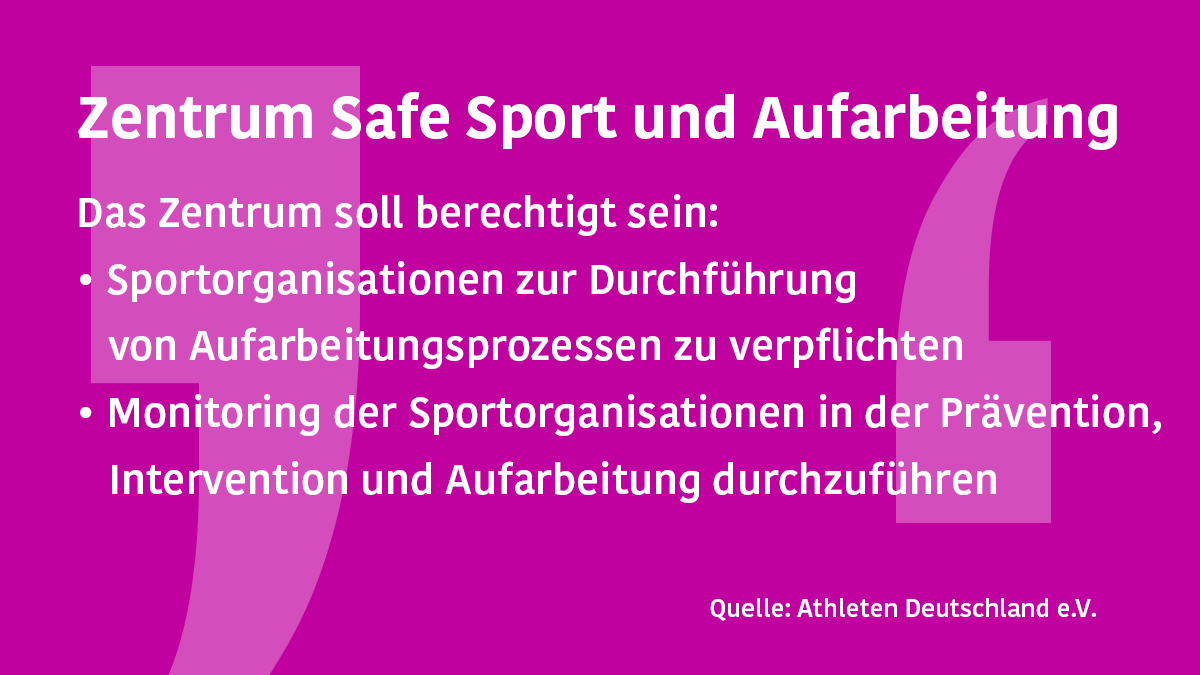 Der #DOSB und <a href="/athleten_de/">Athleten Deutschland e.V.</a> haben heute ein Rechtsgutachten zum künftigen Zentrum #SafeSport veröffentlicht. Darin enthalten sind auch Vorschläge für die #Aufarbeitung von Fällen sexualisierter Gewalt in Sportvereinen.