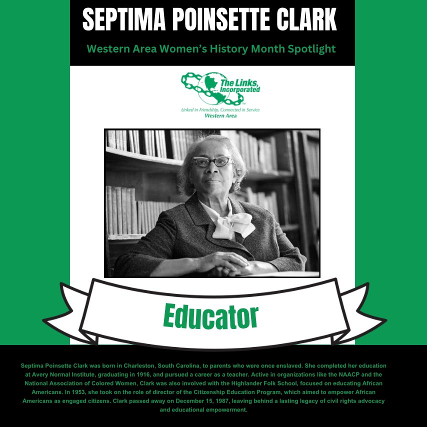 Western Area Unsung Sheroes Series Septima Poinsette Clark

Septima Poinsette Clark was born in Charleston, South Carolina, to parents who were once enslaved. #westernareaunsungsheroes #WomenHistoryMonth2024 #WALinks