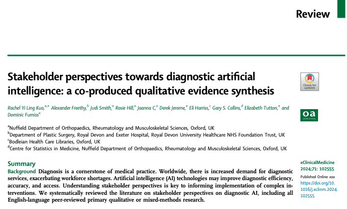 Gary Collins (@gscollins) on Twitter photo NEW #OpenAccess paper in <a href="/eClinicalMed/">eClinicalMedicine – The Lancet Discovery Science</a> (led by <a href="/RachelYLKuo/">Rachel Kuo</a>) "Stakeholder perspectives towards diagnostic #ArtificialInteligence: a co-produced qualitative evidence synthesis"
thelancet.com/journals/eclin…
@DominicFurniss NEW #OpenAccess paper in <a href="/eClinicalMed/">eClinicalMedicine – The Lancet Discovery Science</a> (led by <a href="/RachelYLKuo/">Rachel Kuo</a>) "Stakeholder perspectives towards diagnostic #ArtificialInteligence: a co-produced qualitative evidence synthesis"
thelancet.com/journals/eclin…
@DominicFurniss