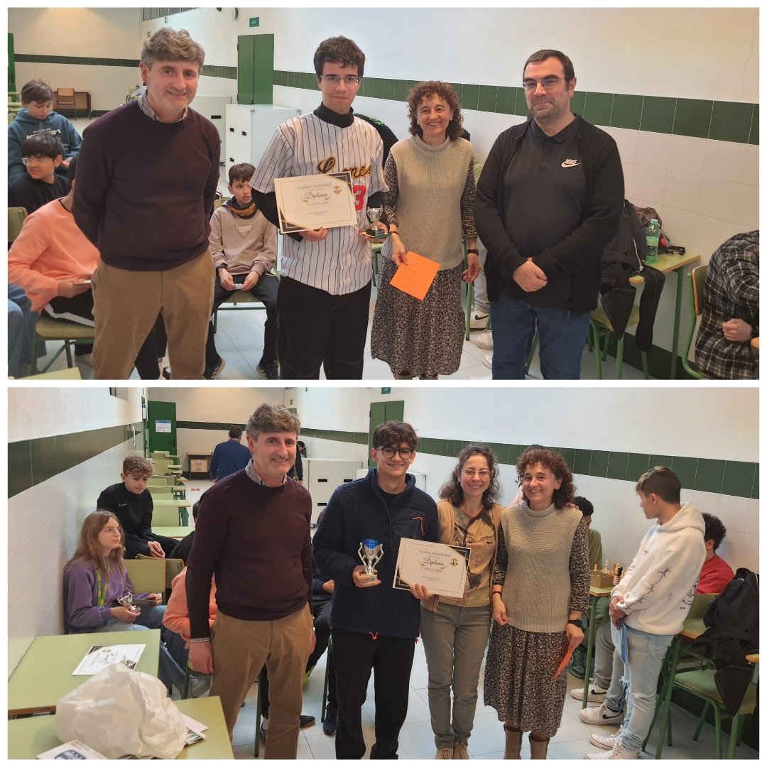 Resultados finais do torneo de xadrez. 👇🏼 1° premio: Martín Freijeiro (CS MEL) 2° Esteban Sousa (CM MEM) 3° David Arias (CS MEL) 4° José Miguel Peña (CS ARI) Premio cat. feminina: Leila Ramos (1° ESO) Premio ESO-Bach: José Carro (1° ESO) Premio FP: Hugo Rodríguez (2°Informática)