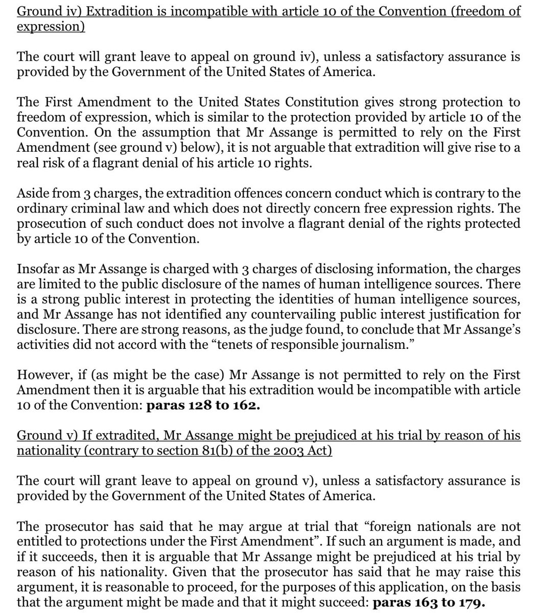 Ooh. Leave granted unless the US gives an assurance that Assange can raise rights under the First Amendment on the same basis as a US citizen, given ECHR rights to expression as against nationality discrimination. Awesome grounds.