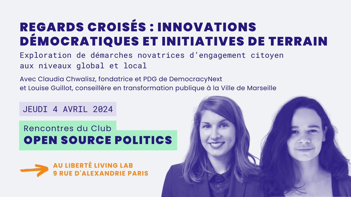 Le 4 avril, j'interviens à cet événement organisé par @OpenSourcePol avec @_LouiseGuillot de la @villemarseille. Je vais parler de notre travail @DemocracyNext sur la démocratisation de l'urbanisme et notre collaboration avec @CCCatMIT sur l'aspect tech opensourcepolitics.eu/actualites/pro…