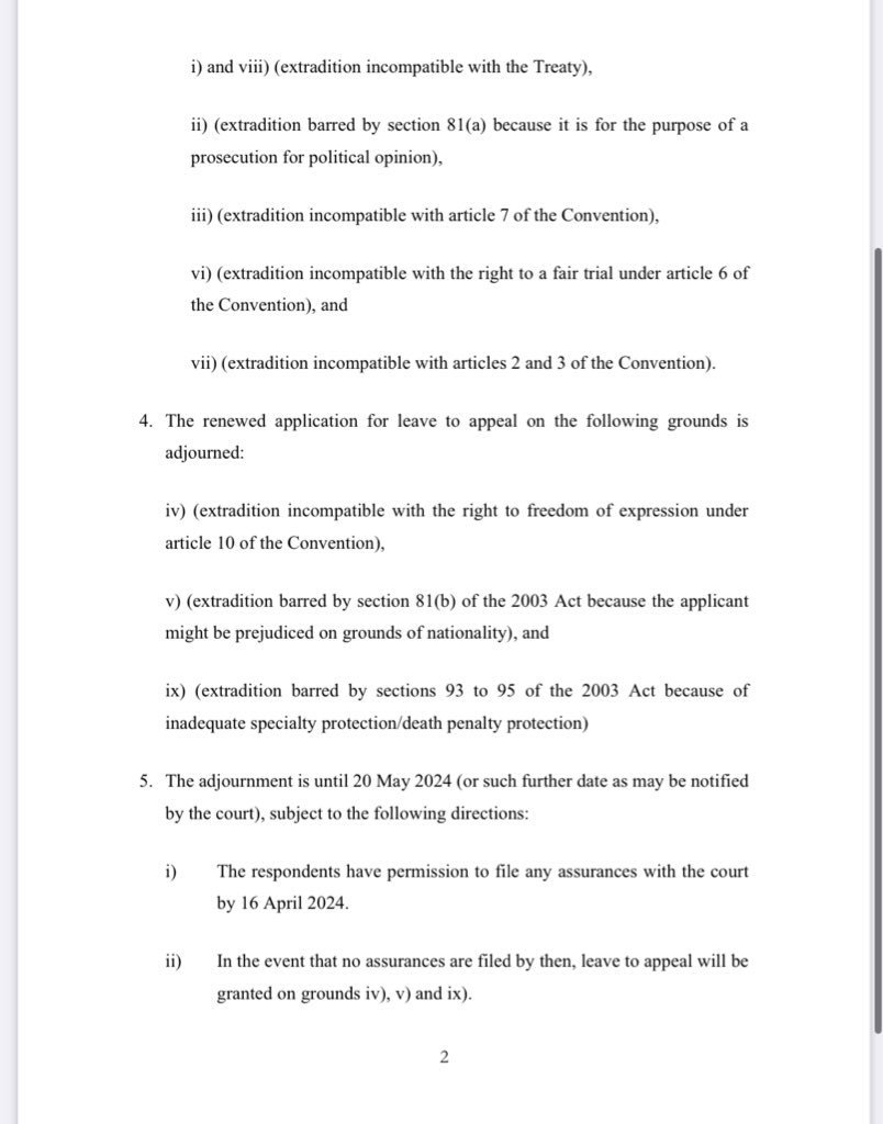 BREAKING: Julian Assange has been granted permission to appeal extradition to the US on 3 of 9 grounds: violates right to freedom of expression; may face prejudice on grounds of nationality; US prosecution exposes him to the death penalty #FreeAssangeNOW