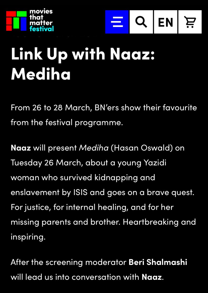 Tonight I'll be presenting the very important film 'Mediha' by Hasan Oswald at Movies That Matter Festival. Afterwards I will be speaking to @BeriShalmashi about the importance of this piece. You can be there and watch it with us tonight! 🙏🏼🖤 Tickets: moviesthatmatter.nl/en/festival/ta…