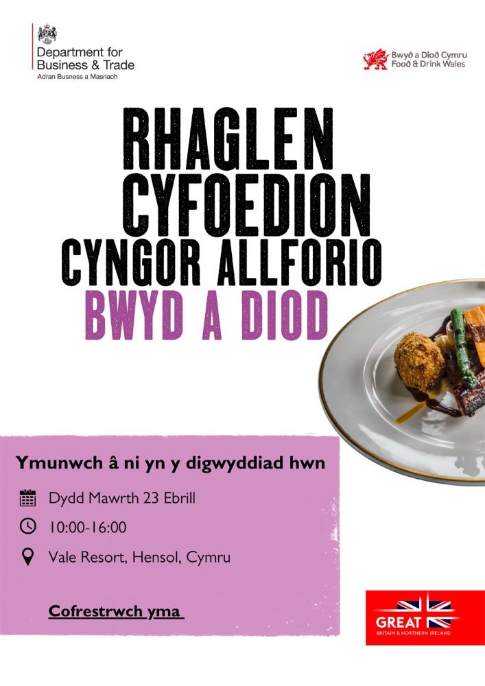 Wedi’i gyflwyno mewn partneriaeth rhwng @biztradegovuk a @LlywodraethCym, ymunwch â Cyngor Allforio Bwyd a Diod ar gyfer digwyddiad rhwydweithio rhad ac am ddim i allforwyr bwyd a diod wedi’u lleoli yng Nghymru. Am fwy o wybodaeth/cofrestrwch i fynychu: eu.eventscloud.com/website/13753/…