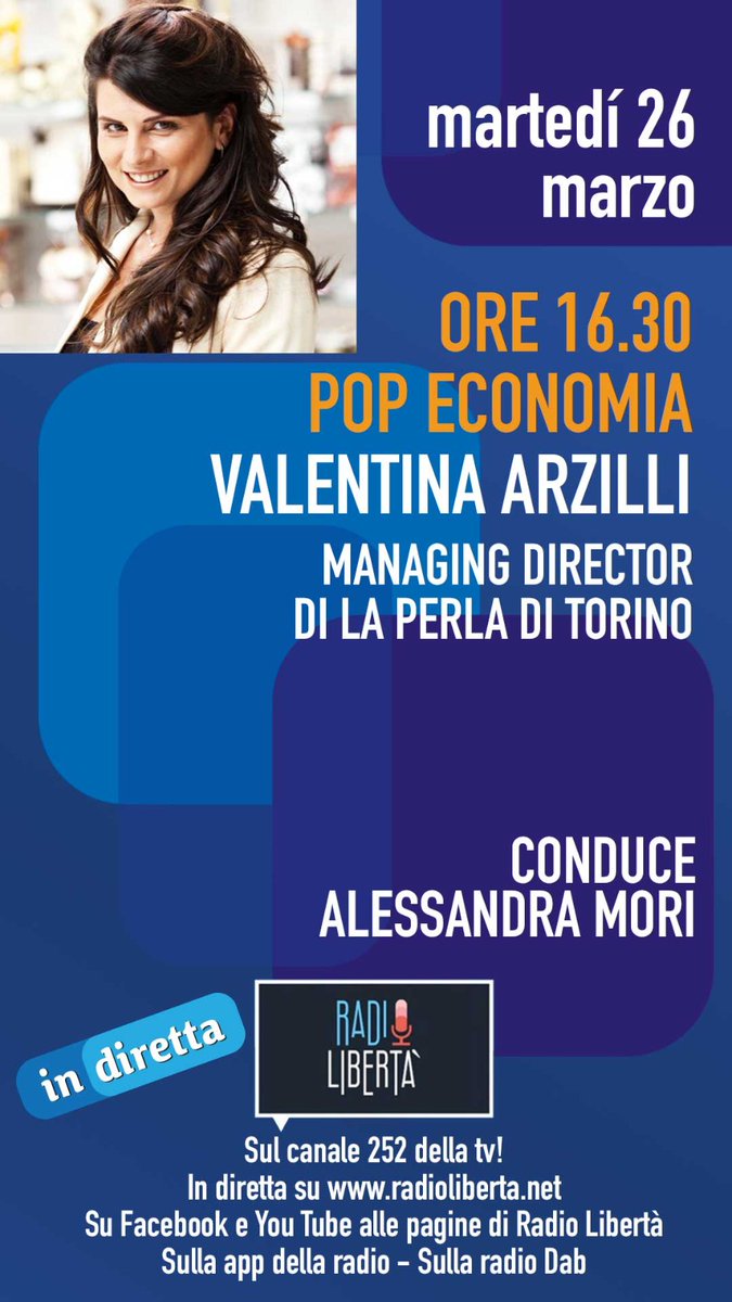 #26marzo Oggi in diretta su @radiolibertanet la nostra #ambassador Valentina Arzilli - La Perla di Torino - interverrà in diretta nella trasmissione 'Pop Economia' condotta da Alessandra Mori. Ascolta qui 👉 radioliberta.net