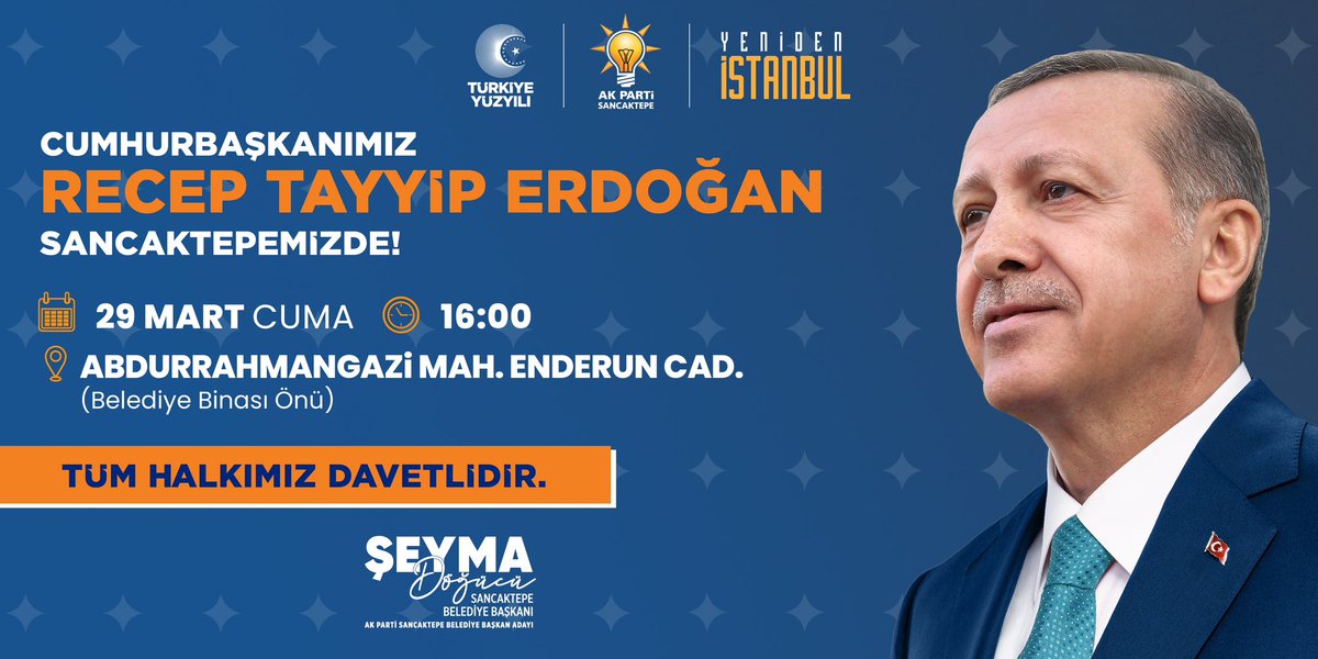 Şeyma Döğücü (@seymadgc) on Twitter photo Cumhurbaşkanımız Sayın <a href="/RTErdogan/">Recep Tayyip Erdoğan</a> Sancaktepe’de!
Büyük bir çoşku ve heyecanla gerçekleştireceğimiz mitingimize tüm hemşehrilerimizi bekliyorum.
📅29 Mart Cuma 🕖16:00
📍Sancaktepe Belediyesi Önü Cumhurbaşkanımız Sayın <a href="/RTErdogan/">Recep Tayyip Erdoğan</a> Sancaktepe’de!
Büyük bir çoşku ve heyecanla gerçekleştireceğimiz mitingimize tüm hemşehrilerimizi bekliyorum.
📅29 Mart Cuma 🕖16:00
📍Sancaktepe Belediyesi Önü