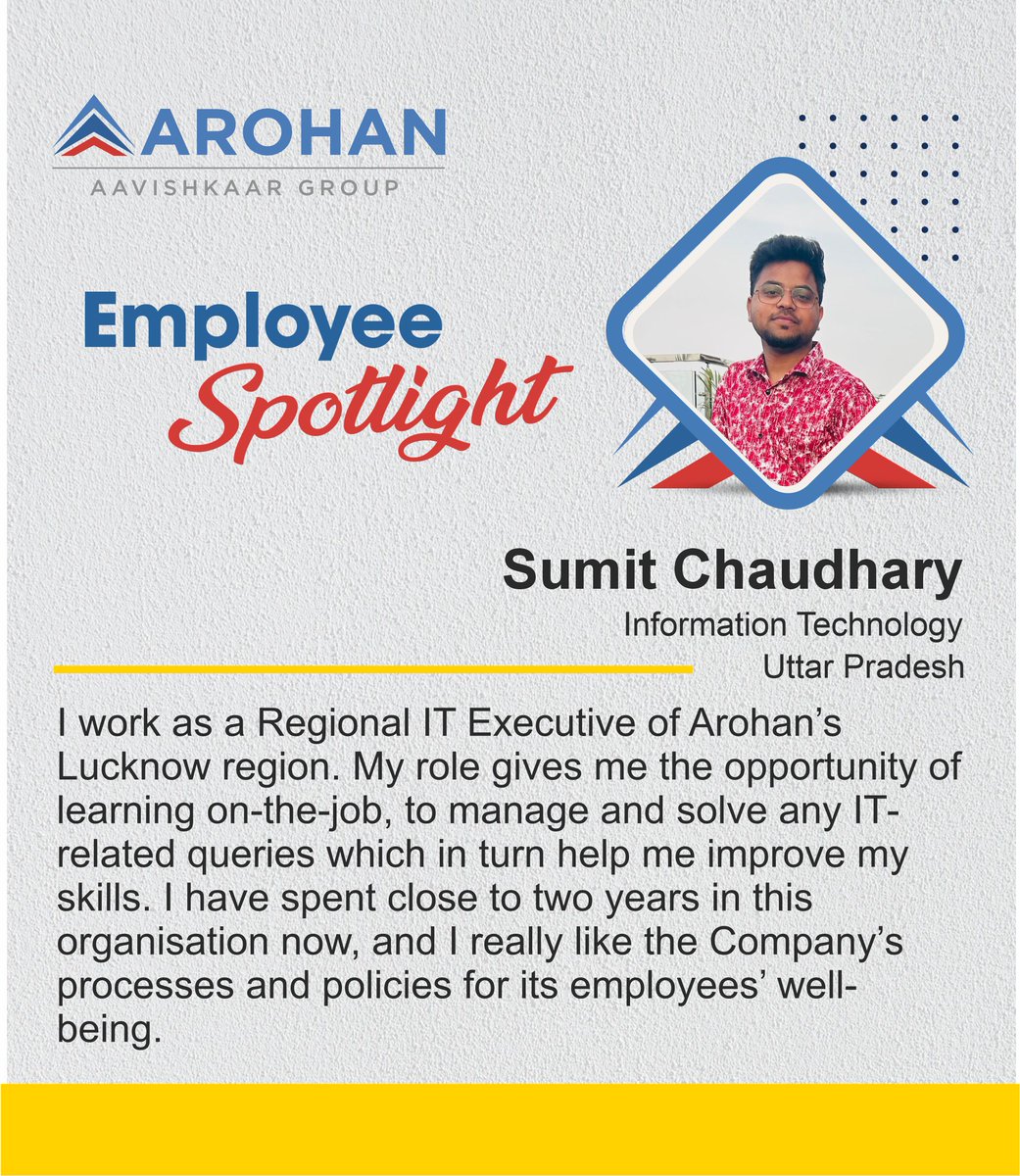 Read what Sumit, an #Arohanite from Uttar Pradesh, IT team, has to say about his experience with the organisation.
Watch this space to know more about
#lifeatarohan #arohanemployeespotlight #genderdiversity