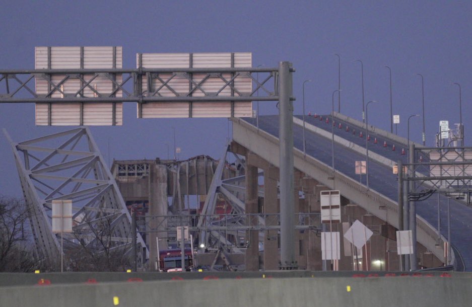 A cargo ship struck the Francis Scott Key bridge in Baltimore early today, collapsing the bridge into the Patapsco river. A search for people in the water is ongoing. Find all updates on @BaltimoreBanner