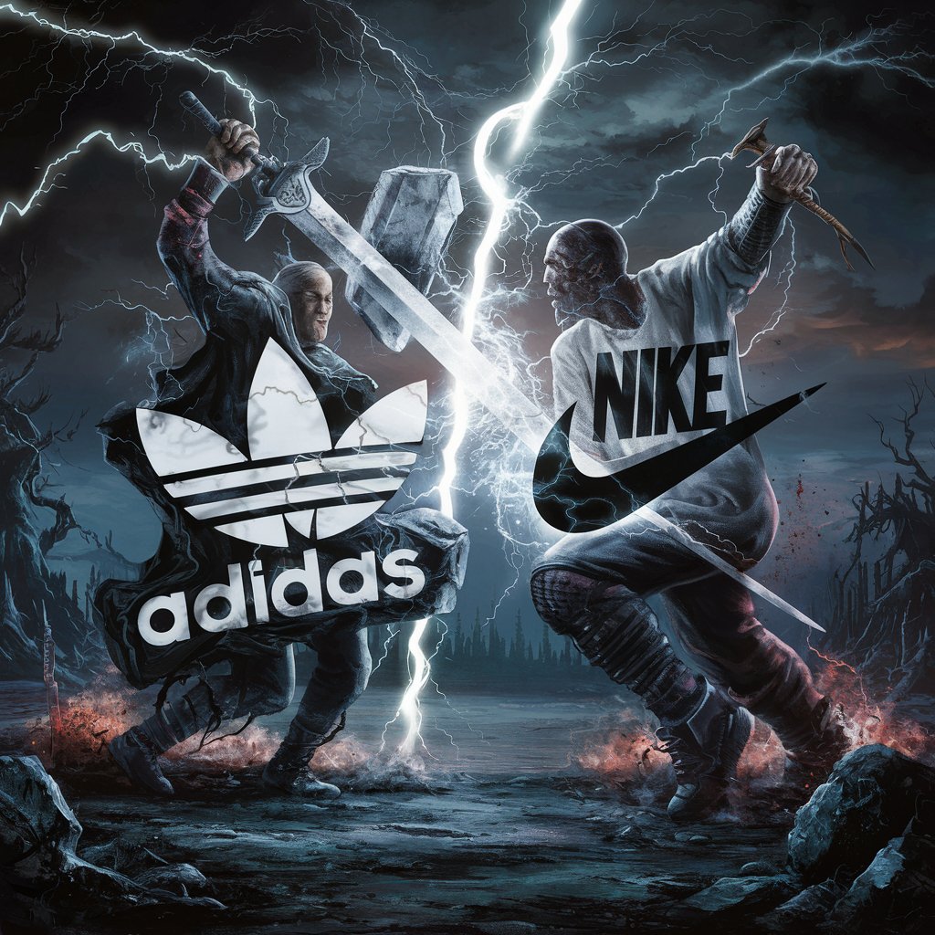 Epic battle between Adidas and Nike brands in a dramatic, lightning-filled fantasy setting. Incredibly detailed Ideogram artwork. #IdeogramArt #BrandBattle #CreativeEdit #DigitalArt #InstagramContent