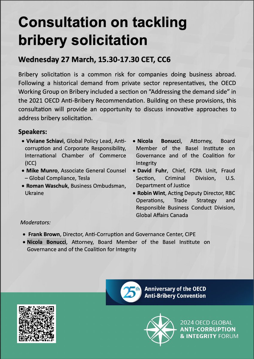How can businesses tackle bribe solicitation w/ innovative approaches?

On Mar 27, experts will discuss in a panel moderated by @ScupEater. Join this @OECD #GACIF event online or in person at 10:30-12:30pm ET/15.30-17.30 CET: bit.ly/3TQtliz @OECD_BizFin @WaschukCanUA