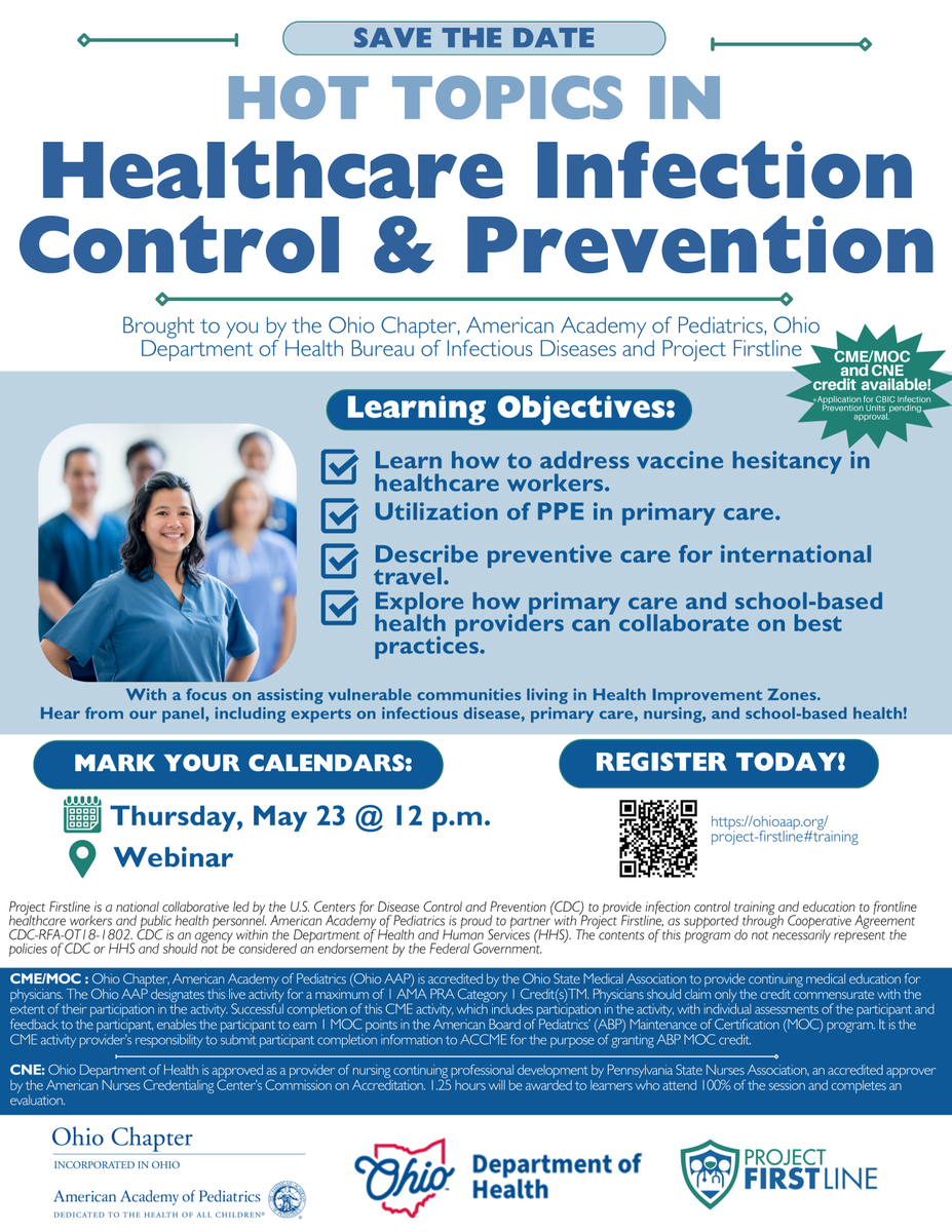 OHPediatricians's tweet photo. Join the Ohio AAP, @OHdeptofhealth and #ProjectFirstline for an in-depth conversation on hot topics in healthcare infection control and prevention. 

Don't miss out, register now https://t.co/P0mgI3fhPp https://t.co/IeRLGYWET2