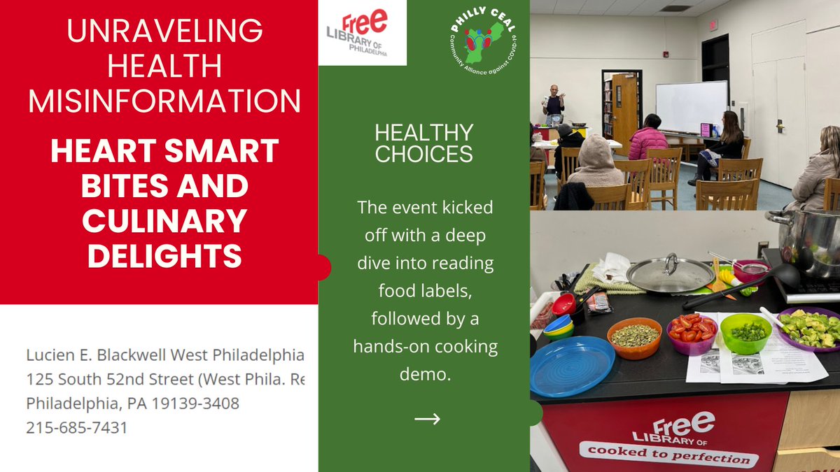 📅 Last month, the Lucien E. Blackwell Library hosted Unraveling Health Misinformation Series: Heart Smart Bites and Culinary Delights. 

The event kicked off with a deep dive into reading food labels, followed by a hands-on cooking demo. 
➡️libwww.freelibrary.org/calendar/event…