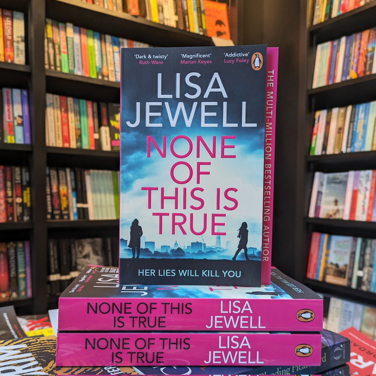 Have you picked up our incredible thriller of the month yet? A podcaster's life threatens to unravel when she allows her 'birthday twin' inveigle their way into her life in this barnstorming psychological thriller! #waterstones #noneofthisistrue #lisajewell