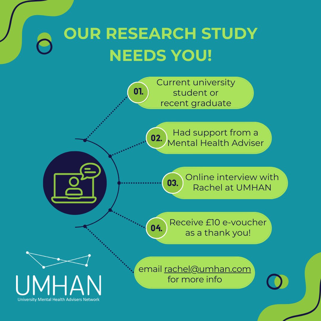 UMHANUK's tweet image. Rachel still has space for #Students or #RecentGraduates who received support from a #MentalHealthAdviser, to take part in our research project. It&apos;s a great opportunity to share your experience. Email Rachel for more info.

#ResearchProject #StudentMentalHealth