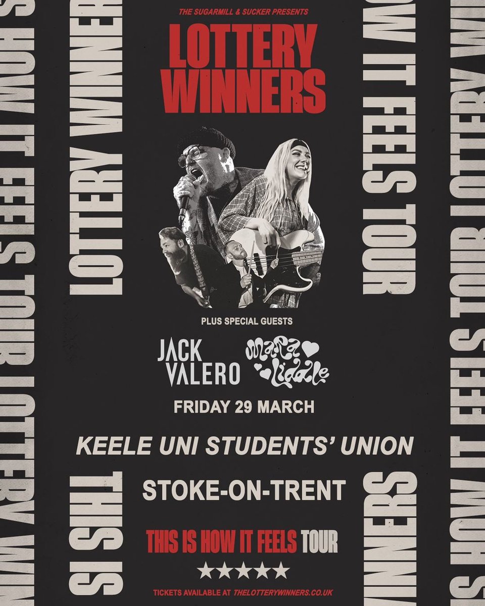 **THIS FRIDAY @ KEELE SU** The Sugarmill & Sucker are proud to present The Lottery Winners at Keele Uni SU ~ this Friday 29th March ’24! With support from Brighton based Jack Valero, & local alt-pop up-and-comer Mara Liddle! Book tickets now via our website! 🎟️