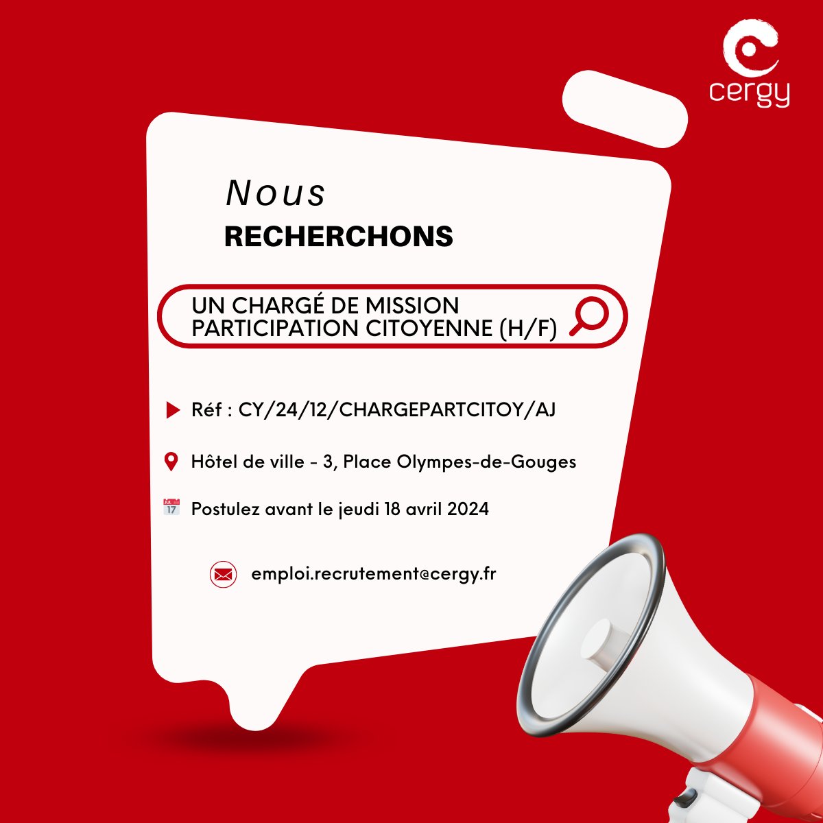 villedecergy's tweet image. [#EMPLOI] La Direction de la participation citoyenne et de la communication recrute son futur chargé de mission participation citoyenne (H/F) !

🤔 Pourquoi #postuler ?
👉 Un territoire dynamique et riche de sa diversité,
👉 Une #équipe au top !
👉 Un beau profil de poste 😉

🚀…
