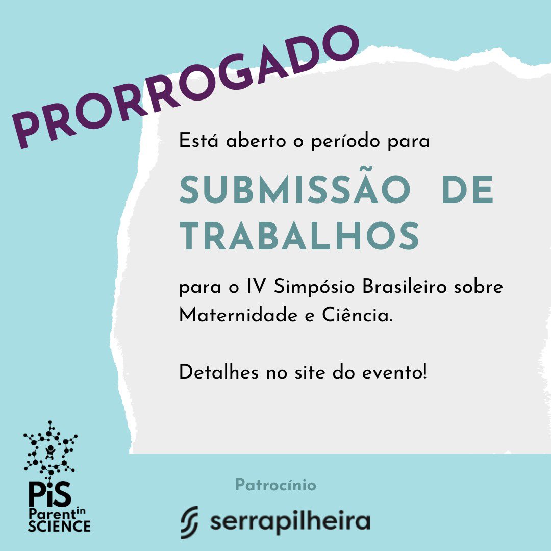 Vocês pediram e nós atendemos. O período para submissão de trabalhos para o IV Simpósio Brasileiro sobre Maternidade e Ciência foi prorrogado até dia 28 de abril. Não perca esta oportunidade! Todas as informações estão no site do evento: doity.com.br/iv-simposio-br…