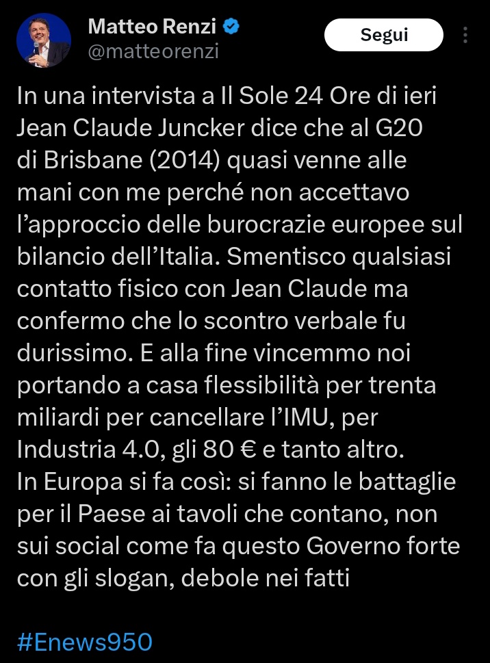 Mi chiedo per quale oscuro motivo l'enfant prodige della politica italiana oggi sia all'opposizione con un magrissimo 2/3%. Sarà perché difetta in modestia ? Sarà perché la sua narrazione affascina più sé stesso e molto meno gli italiani ? Fossi in lui due domande me le farei.