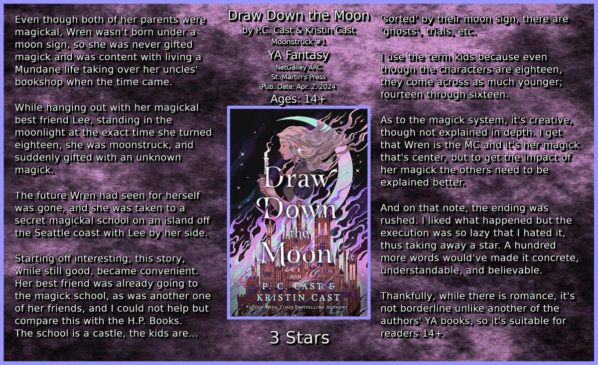 Draw Down the Moon by P.C. Cast & Kristin Cast Moonstruck #1 #YA #Fantasy @NetGalley ARC St. Martin's Press Pub. Date: Apr. 2, 2024 Ages: 14+ 3 Stars #BookTwitter #bookblogger #bookworm #BookBlogging #bookreviews #ilovebooks #booklovers #bookaddict #NetGalley