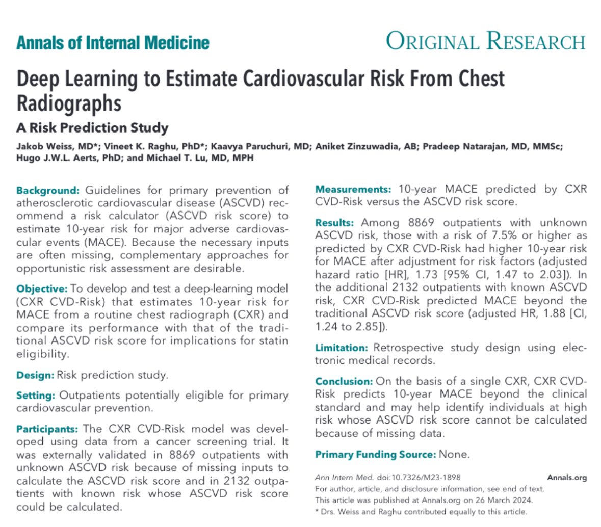 Delighted to collaborate on this excellent work led by J. Weiss @VineetRaghu2 @kparuchuri @michael_t_lu @MGHHeartHealth using deep learning of widely used chest X-rays to augment current paradigms for statin allocation in primary prevention acpjournals.org/doi/10.7326/M2… @AnnalsofIM