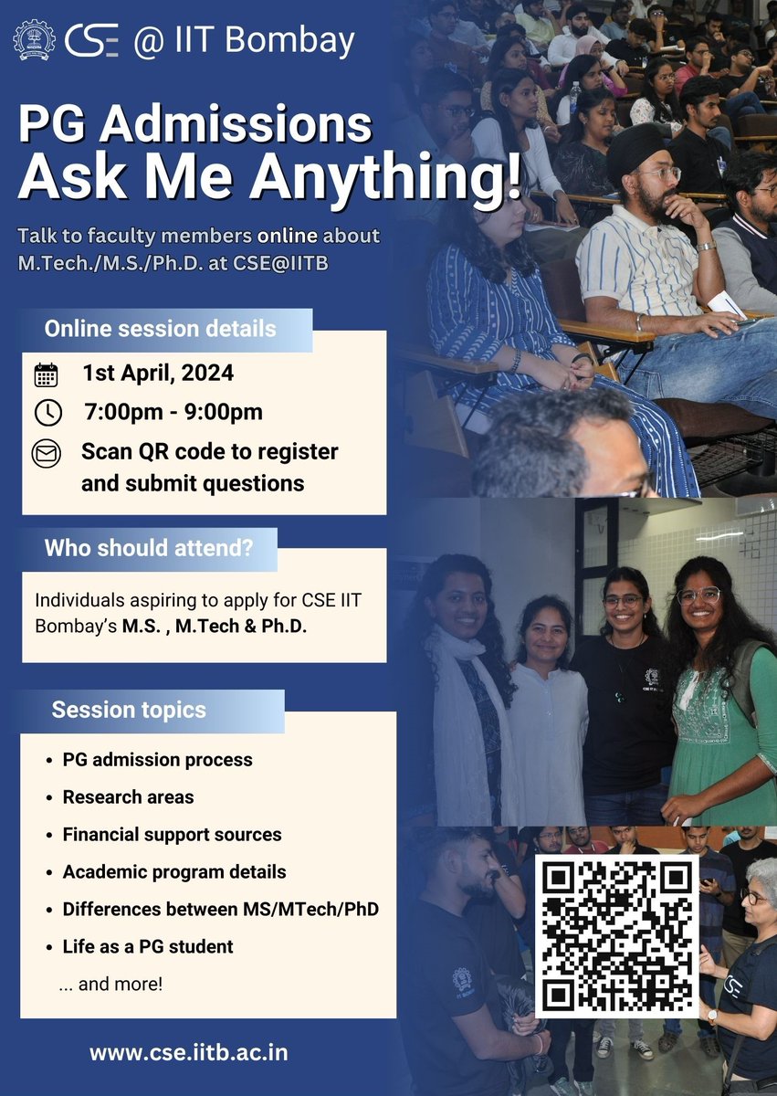 📢 Register now for CSE IIT Bombay's PG Admissions 'Ask Me Anything' online session: cse.iitb.ac.in/admission/pg.p…